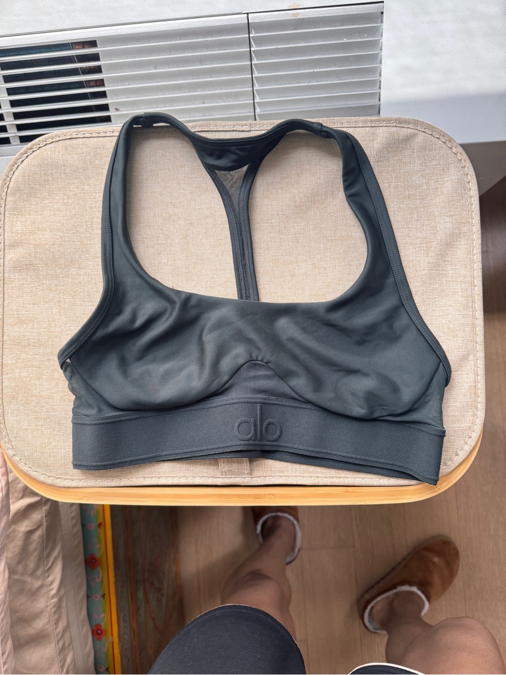ALO Yoga Black Racerback Sports Bra with T-Back / sweetheart cut - dark olive